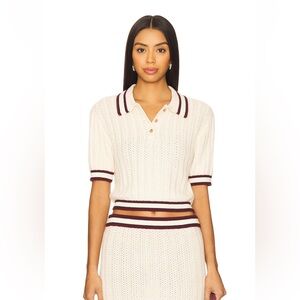 Cream Knit Polo Sweater with Maroon Stripes